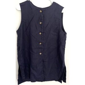 Harve Benard Shirt Womens Large Navy Blue 100% Linen Sleeveless Button Front Top